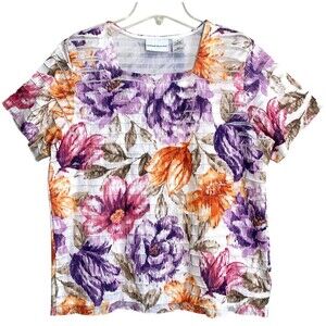 Alfred Dunner Blouse Women's Small White Floral Short Sleeve Ruffle Layered Look